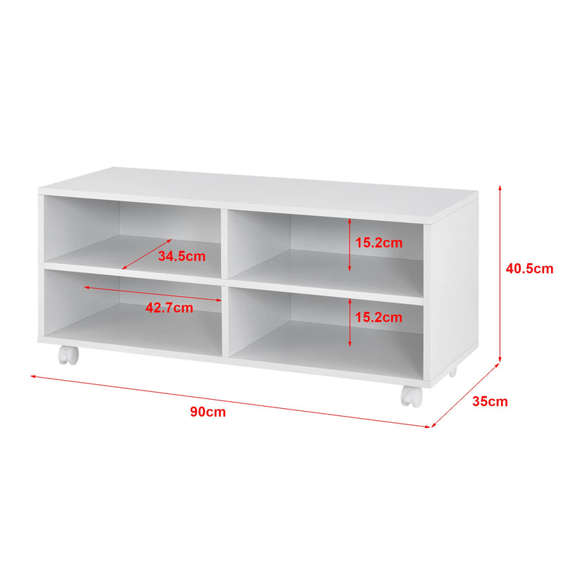 [en.casa] Lowboard mit Rollen 'Gränne' 90x35x41cm mobiles Regal TV-Schrank 4 Ablagen Fernsehregal Fernsehtisch Matt Weiß