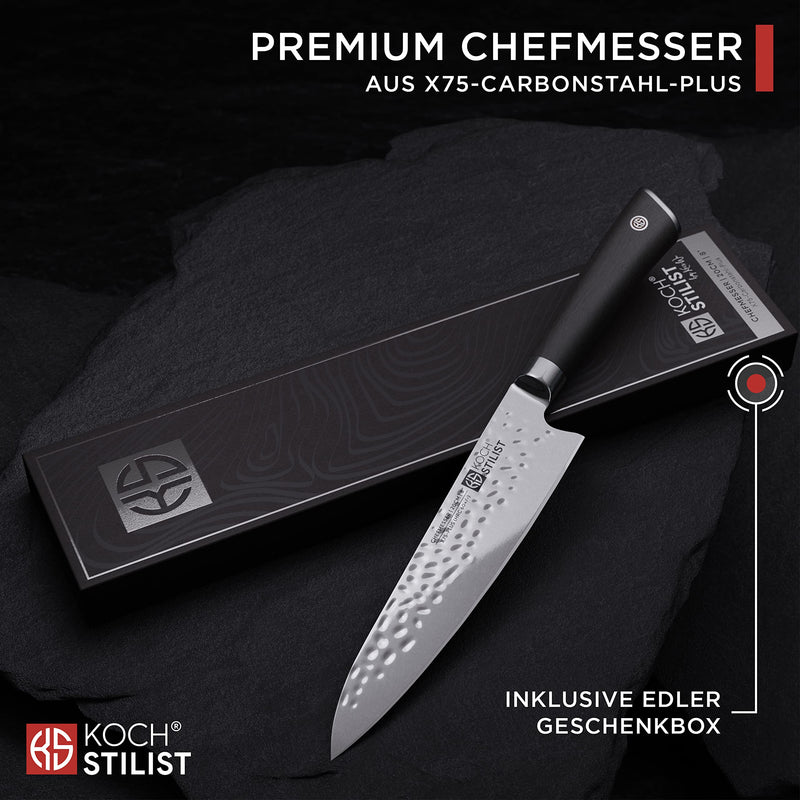 Kochstilist® Premium Chefmesser 20 cm [+ inkl. Geschenkbox] Das Profi-Kochmesser aus extrem scharfem X75-Carbonstahl-Plus - Küchenmesser, Fleischmesser, Allzweckmesser mit edlem Echtholzgriff