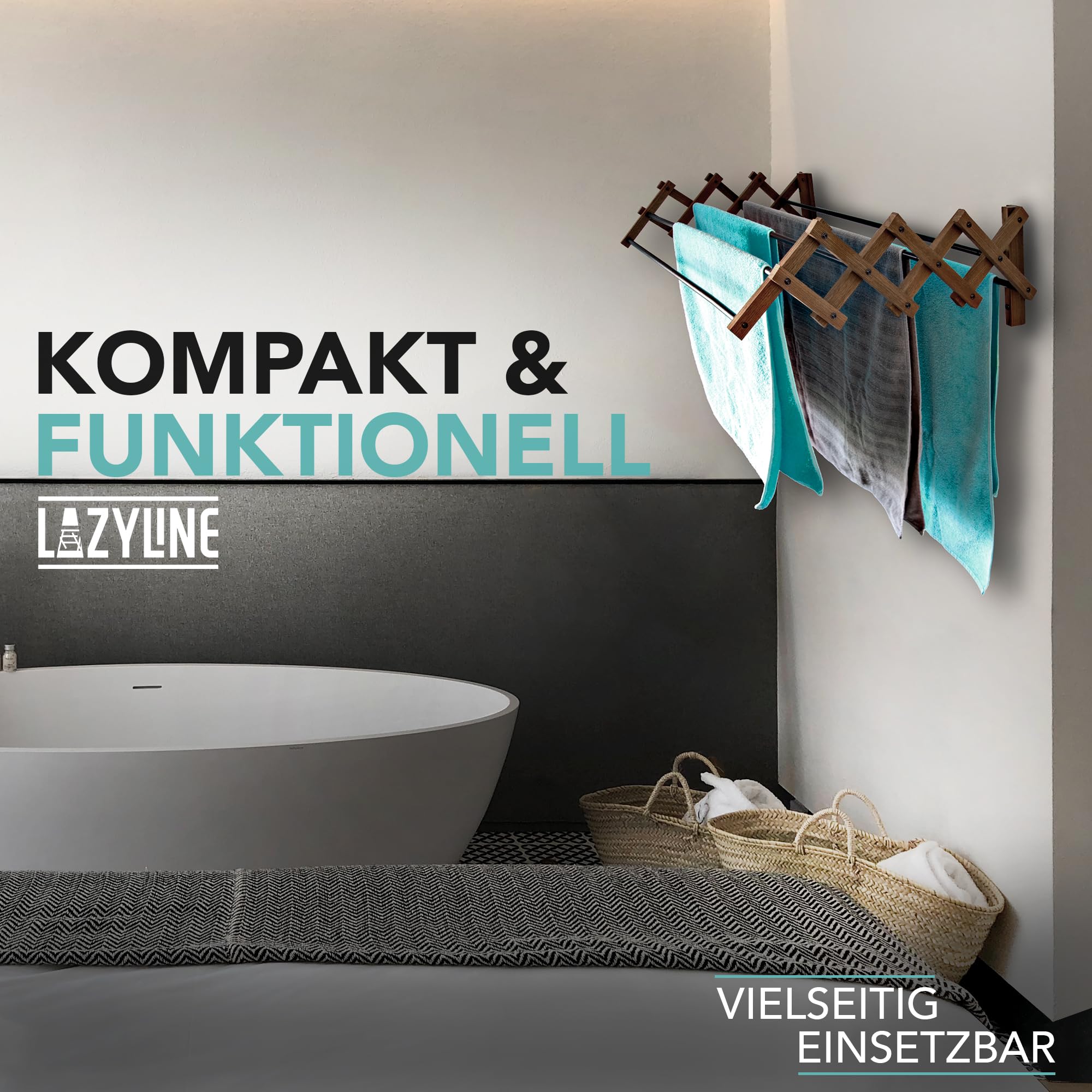 LAZYLINE® Wäscheständer Metall schwarz/Thermo-Esche zur Wandmontage [wasserabweisend] platzsparend 5m Länge für Badewanne Balkon draußen/Herrendiener Kleiderständer klein