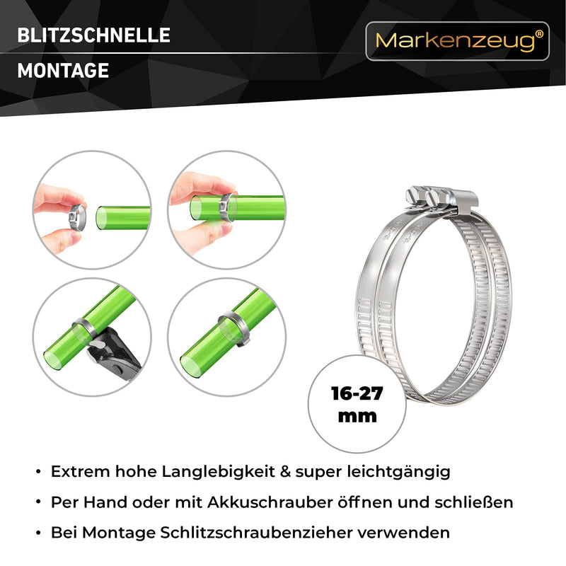 MARKENZEUG Premium Schlauchschellen Set I Edelstahl-Schlauchschellen I Rohrschellen I Schraubschellen rostfrei I Für Waschmaschine & Pool oder Auto I 16-27mm Durchmesser I 10er Set