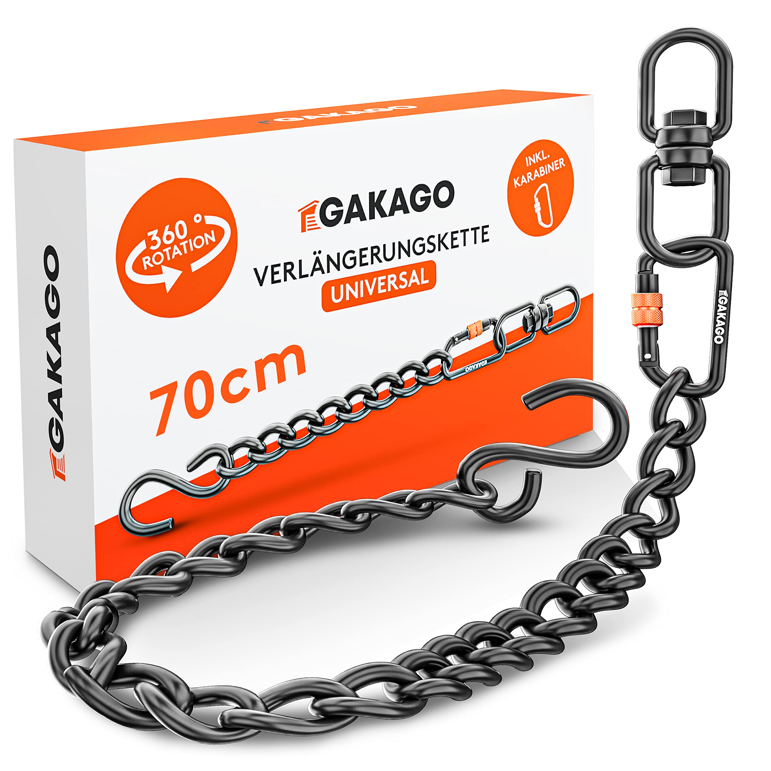 Gakago Verlängerungskette als Hängesessel Kette, Schaukel Verlängerung, Boxsack Halterung - Extra Starke Stahlkette mit S-Haken, Drehwirbel und Karabiner - Flexible Aufhängung auch für Draußen