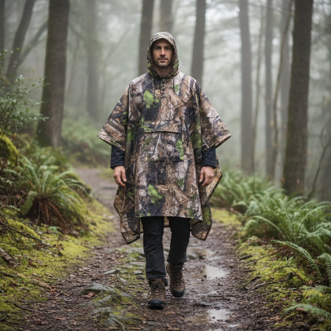Camouflage-Regenponcho mit Kapuze – wasserabweisend