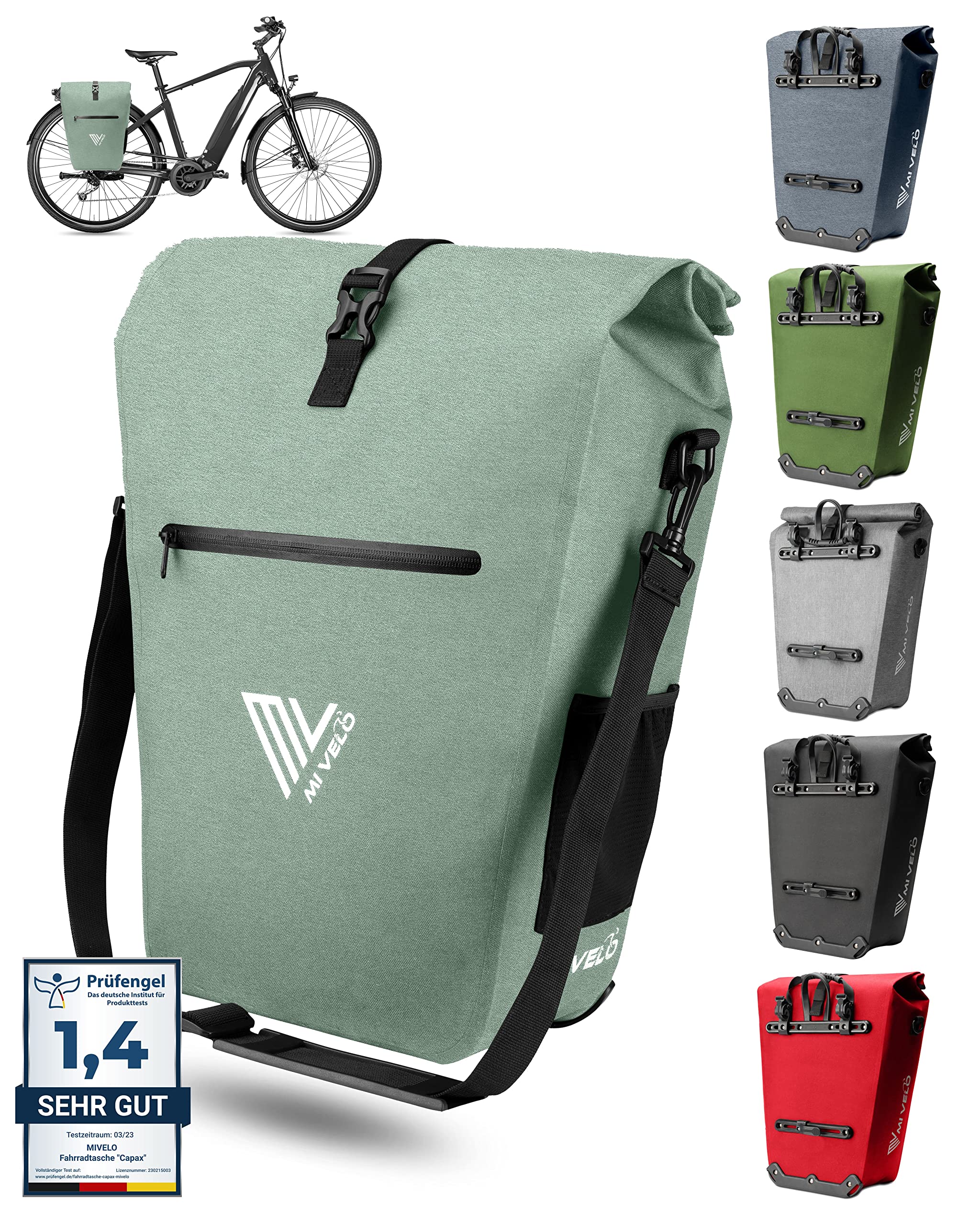 MIVELO 2in1 Fahrradtasche Gepäckträgertasche wasserdicht 100% PVC frei + Laptopfach + Schloss – Fahrrad Tasche für Gepäckträger 1 STK Mint