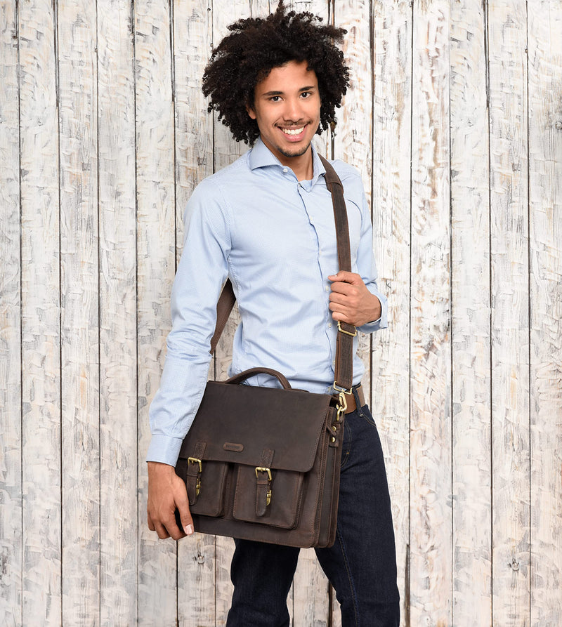 LEABAGS Leder Aktentasche Herren & Damen I Echtleder Laptoptasche bis 15 Zoll I Umhängetasche mit Schultergurt I Schultertasche I Messenger Bag I Arbeitstasche I Lehrertasche I Nature Dunkelbraun