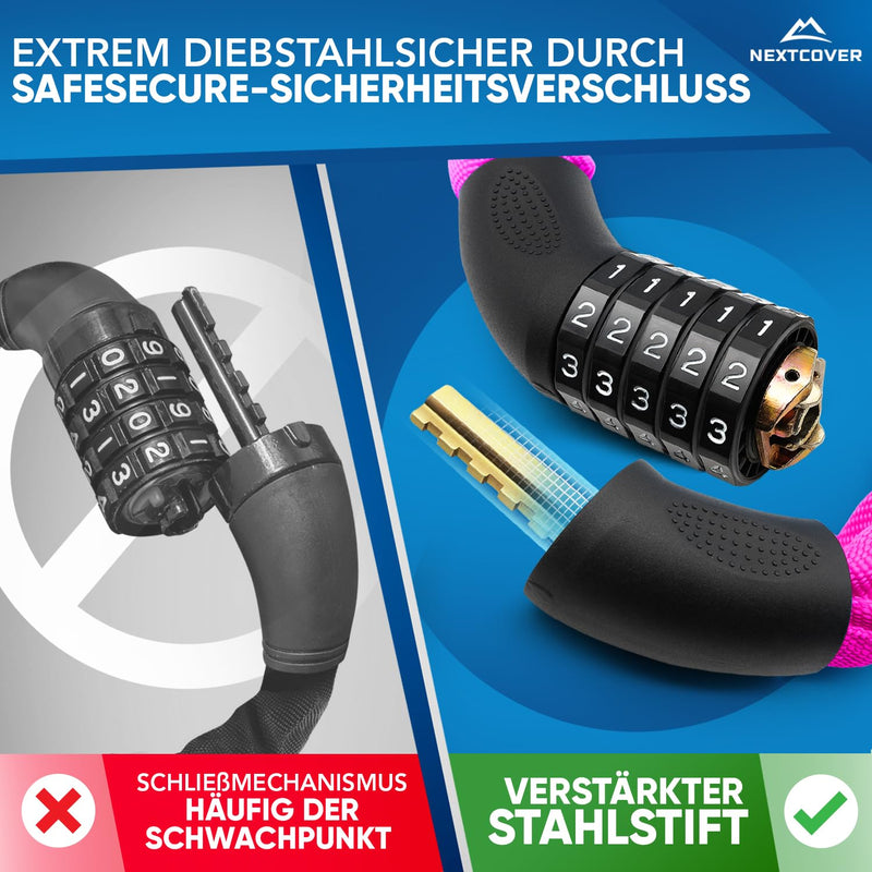 NEXTCOVER® NEU Fahrradschloss mit Zahlencode [SAFESECURE] für hohe Sicherheit I Schloss mit 5- stelligem Zahlencode I Zahlenschloss Fahrrad Stahl I Bike Lock perfekt für E-Bike I Kettenschloss (Pink)