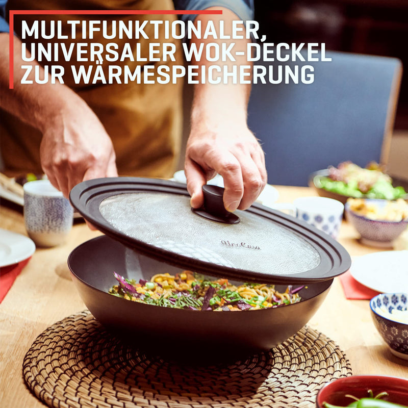 Uno Casa Wokpfanne aus Karbonstahl - 30.5 cm Antihaft Wok Pfanne mit Deckel und Flachem Boden - Wokpfanne Induktion für Innen- und Außen - Abnehmbarer Holzgriff im Lieferumfang Enthalten