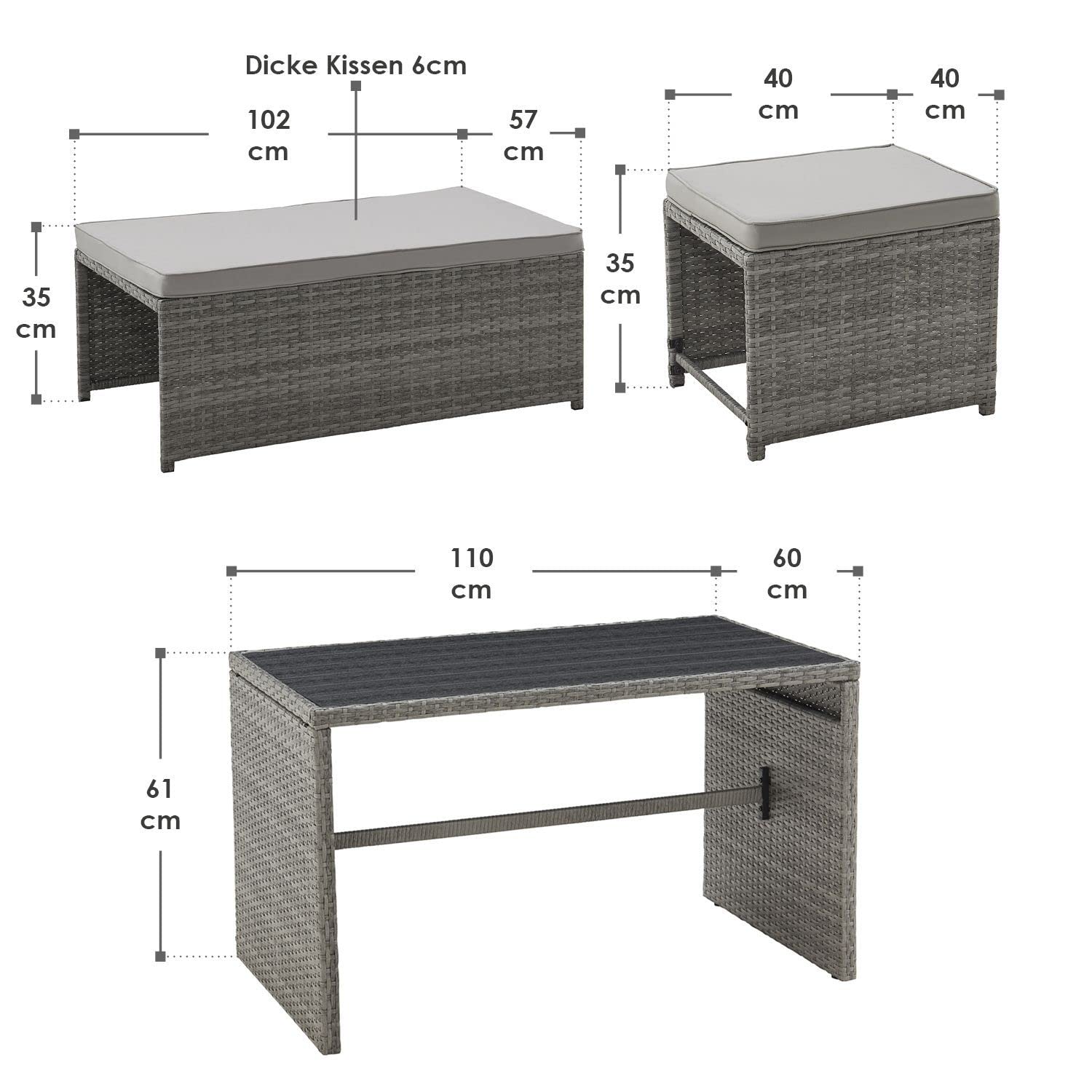 Juskys 2in1 Polyrattan Relax Gartenmöbel Set Jamaika - Tisch, Gartenlounge Sofa - Balkonmöbel Sitzgruppe für Balkon, Garten - Outdoor Lounge Grau