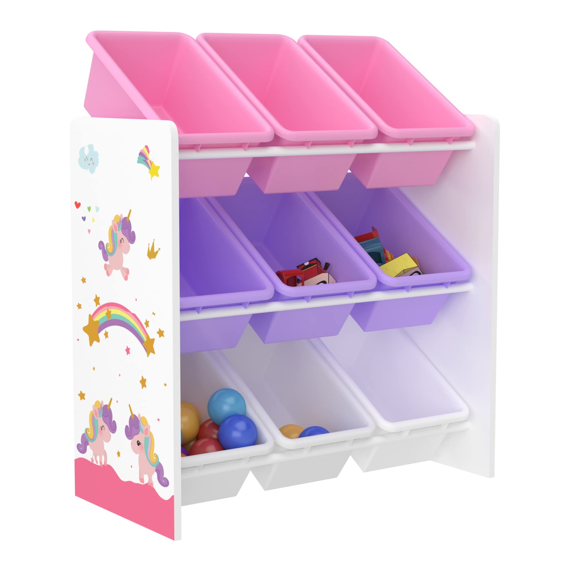 [en.casa] Kinderregal Muxía mit 9 Aufbewahrungsboxen Spielzeugregal mit Einhorn-Motiv Spielregal Weiß Lila Rosa Kinderzimmer Organizer