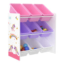 [en.casa] Kinderregal Muxía mit 9 Aufbewahrungsboxen Spielzeugregal mit Einhorn-Motiv Spielregal Weiß Lila Rosa Kinderzimmer Organizer