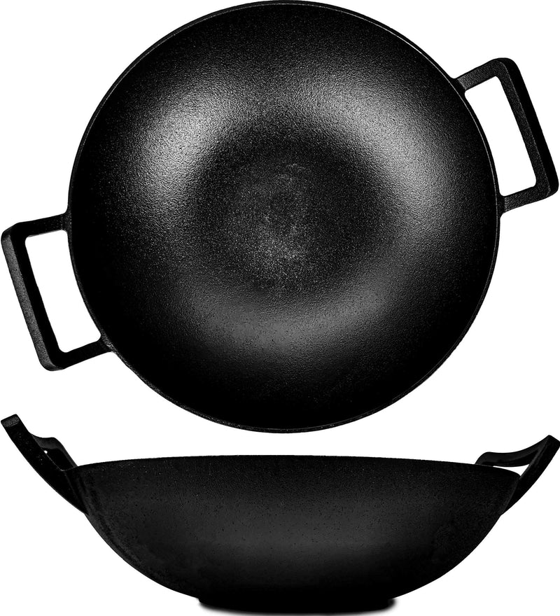 Oakfire Wok Gusseisen 36cm Groß Induktion, Grill Wok Gusseisern mit Non-Stick Patina