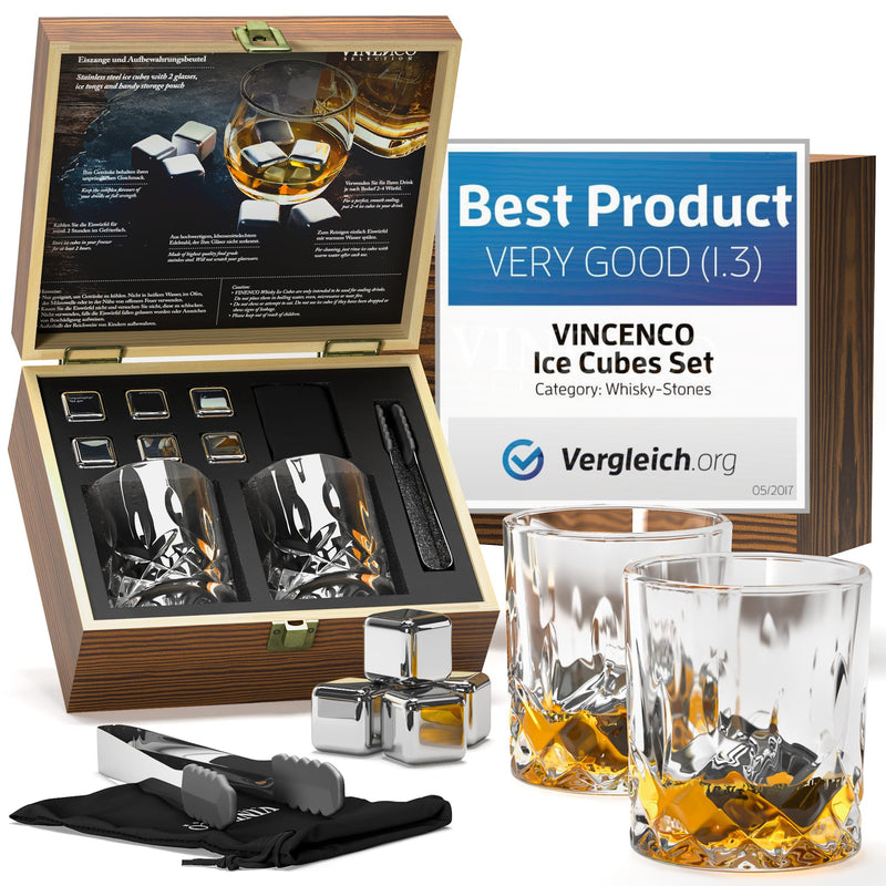 Whisky Steine Set - 6 Wiederverwendbare Edelstahl Eiswürfel + 2 Gläser, Zange | Whiskey Ice Cubes Metall Kühlsteine Bar Zubehör Cocktail Rocks Gin Stones Dekorationszubehör Geschenk Whiskysteine