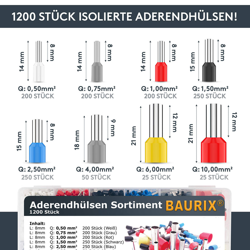 BAURIX ® 1200 Stück Aderendhülsen Sortiment I Isolierte Hülsen nach DIN 46228-4: 2020-03 I 0,5 mm² - 10 mm² I Profi Isolierhülsen Set