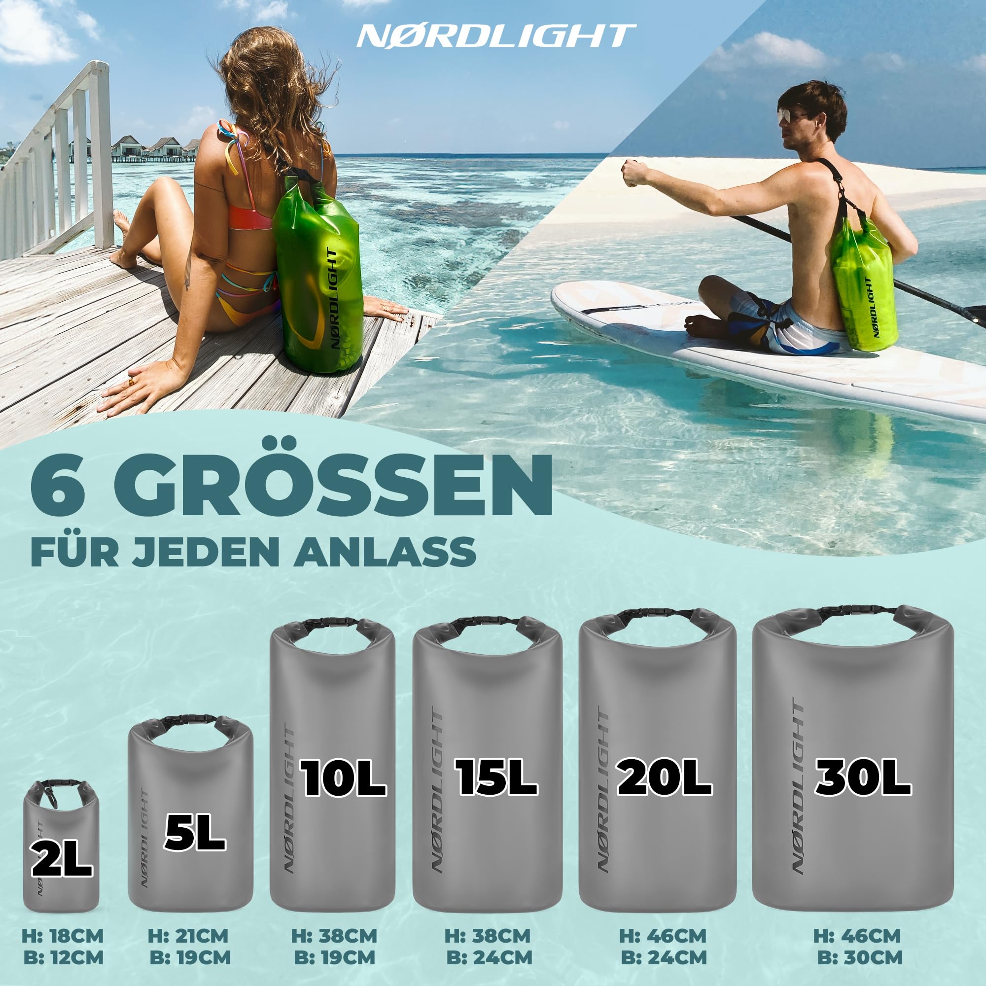 Nordlight Dry Bag 2L Wasserdichter Beutel - (Grau) Wasserdichter Packsack Mit Roll Top Verschluss Und Schultergurt | Schwimmen, Baden, Strand, Kanu, Stand Up Paddling, Tauchen