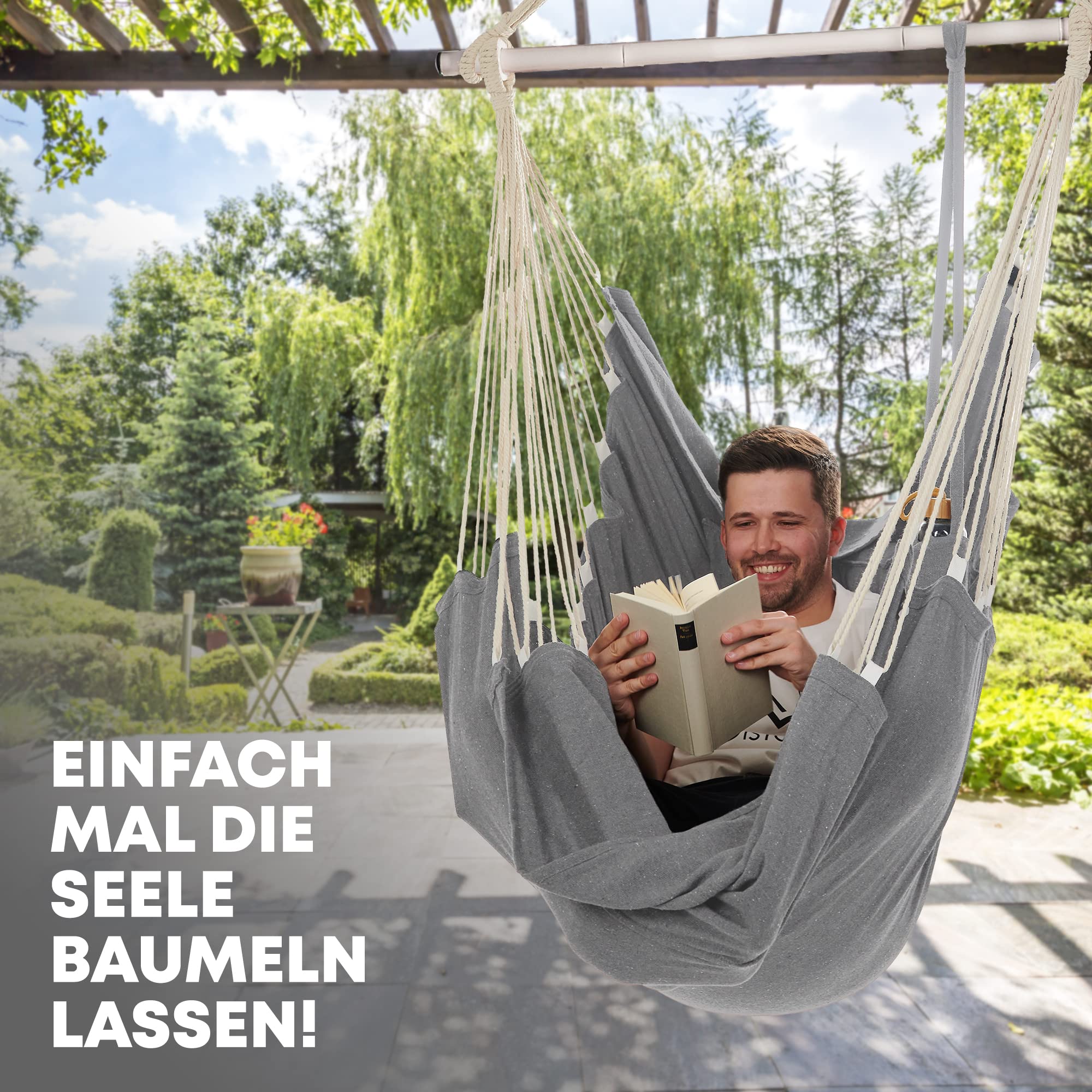 NearDistance® Hängesessel Unity mit Montageset, Hängestuhl Indoor Outdoor, Hängesessel ohne Gestell, Hängeschaukel für Erwachsene & Kinder, mit Fußablage & Kissen (Light-Grey MIT Montageset)