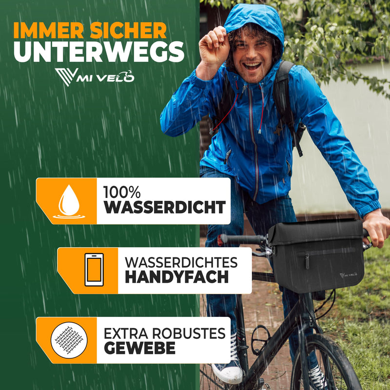 MIVELO Lenkertasche Fahrrad für KLICKfix - 100% wasserdicht - Fahrradtasche Lenker - abnehmbares Handyfach - Lenkertasche - Tasche Lenker - E-Bike tauglich (Schwarz)