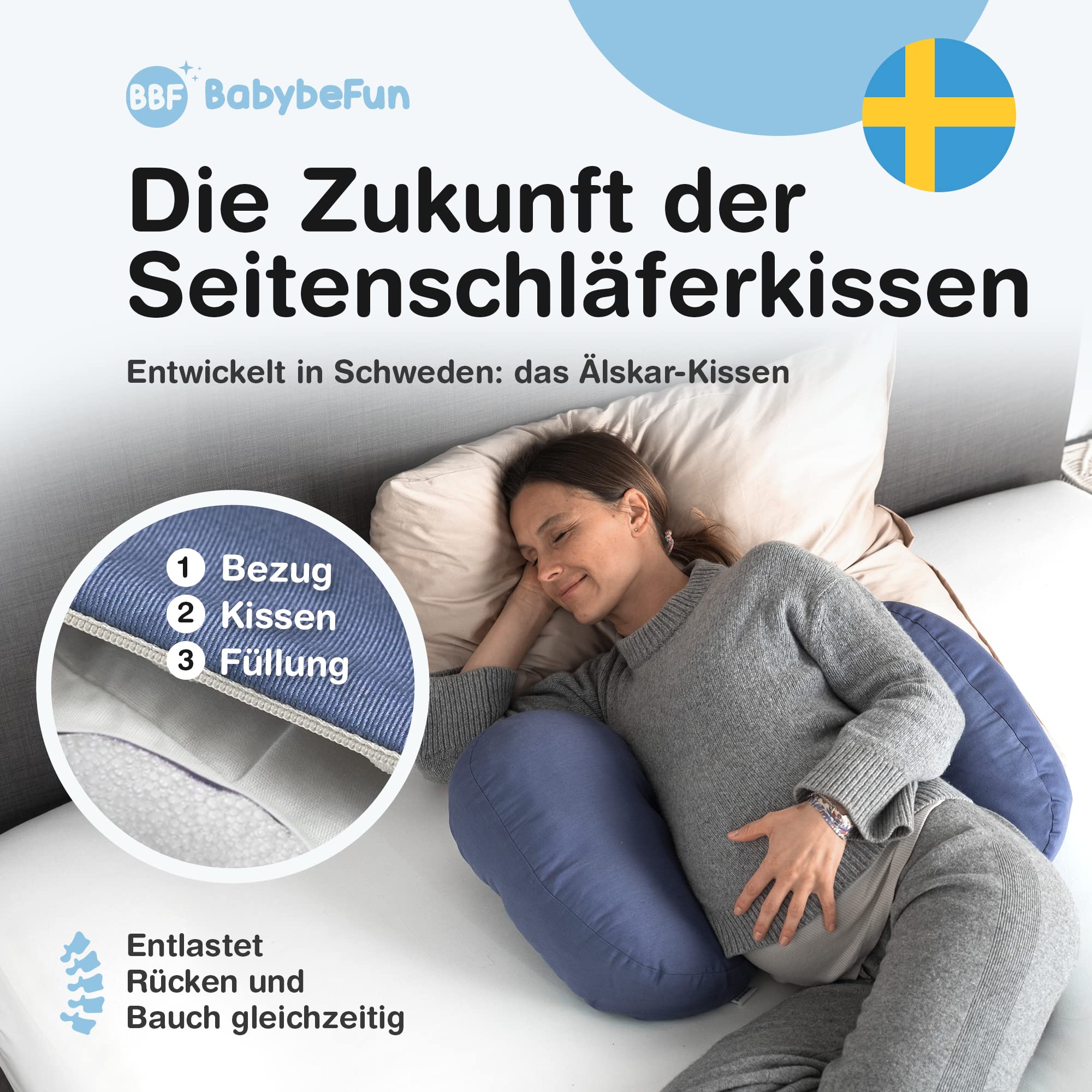 BabybeFun Schwangerschaftskissen mit waschbarem Stillkissenbezug | Seitenschläferkissen gegen Rückenschmerzen als Geschenkidee für werdende Mütter Pregnancy Pillow blau; Farbe wählen..…