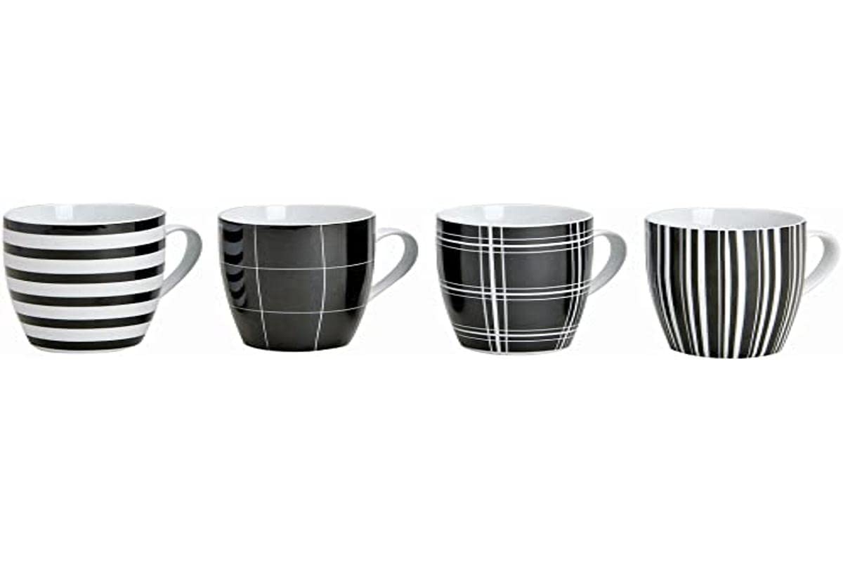 Wurm KG 4er Set Moderne Kaffeetassen aus Porzellan - 10 cm hoch - Ø 8 cm - 300 ml - große Kaffeetasse in schwarz/weiß gestreift und kariert