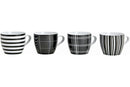 Wurm KG 4er Set Moderne Kaffeetassen aus Porzellan - 10 cm hoch - Ø 8 cm - 300 ml - große Kaffeetasse in schwarz/weiß gestreift und kariert