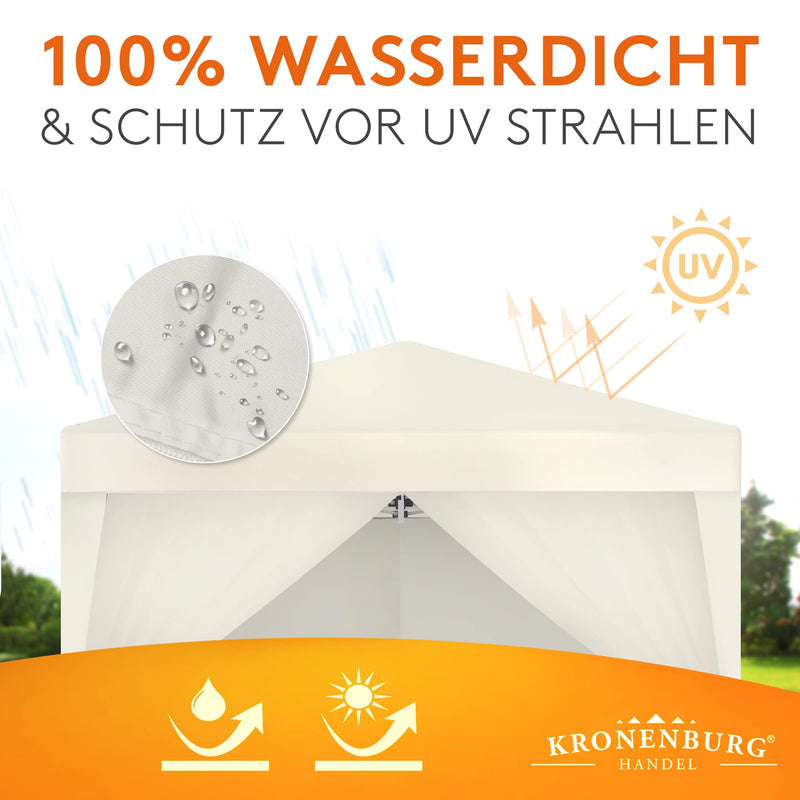 Kronenburg Faltpavillon wasserdicht Dachmaß 3 x 3 m UV Schutz 50+ Pavillon in Champagner mit 4 Seitenteilen