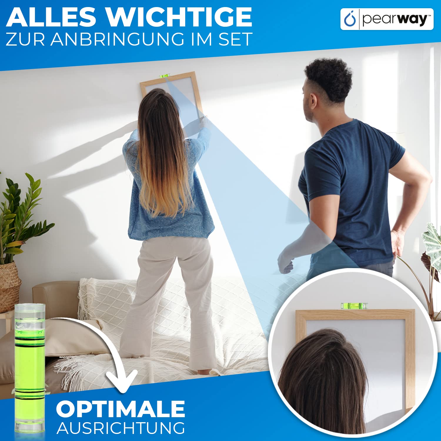 PEARWAY™ Profi Bildaufhänger Set [100 Stück] inkl. Maßband & Wasserwaage I Stabile Zackenaufhänger für Maximalen Halt I Bilderhaken - Ideal für Leinwände & Holzrahmen I Aufhänger für Bilder