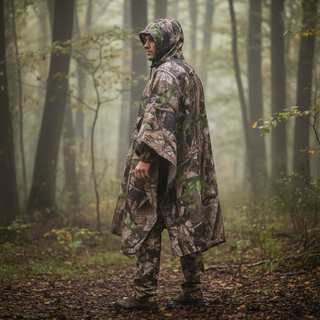 Camouflage-Regenponcho mit Kapuze – wasserabweisend