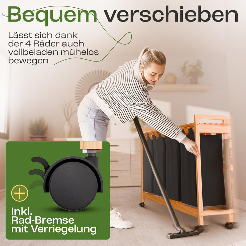 AMBIAVO® Wäschekorb 4 Fächer schwarz mit Rollen [Wäschesäcke aus Baumwolle] - Wäschesammler für Schmutzwäsche | Wäsche Sortiersystem | Wäschesortierer Holz | Wäschebox | Wäschekorb mit Ablage