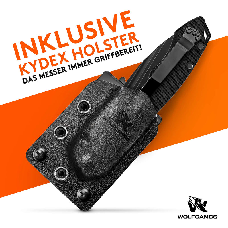 Wolfgangs FEROX Zweihandmesser Klappmesser aus feinstem D2 Stahl - Legales Taschenmesser Klappmesser - Rebustes Outdoor Messer Survival - Klappmesser Outdoor inkl. Kydex Holster (FullBlack)