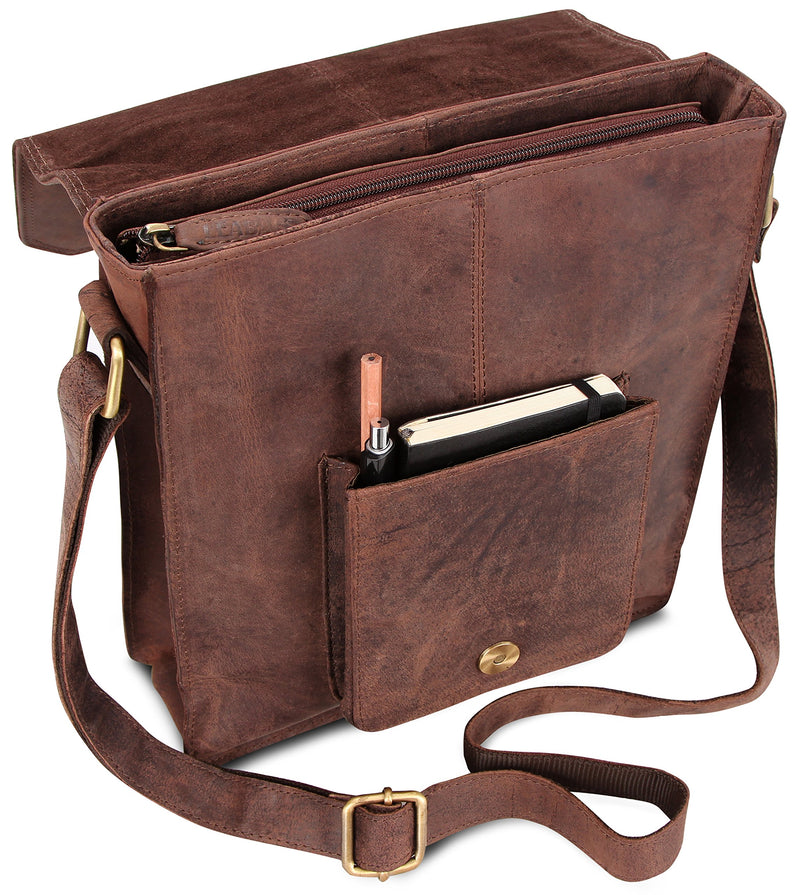 LEABAGS Leder Umhängetasche Herren & Damen I Messenger Bag mit Schultergurt I Schultertasche I Arbeitstasche I Tragetasche I Handtasche I Echtleder Tasche I Nature Dunkelbraun