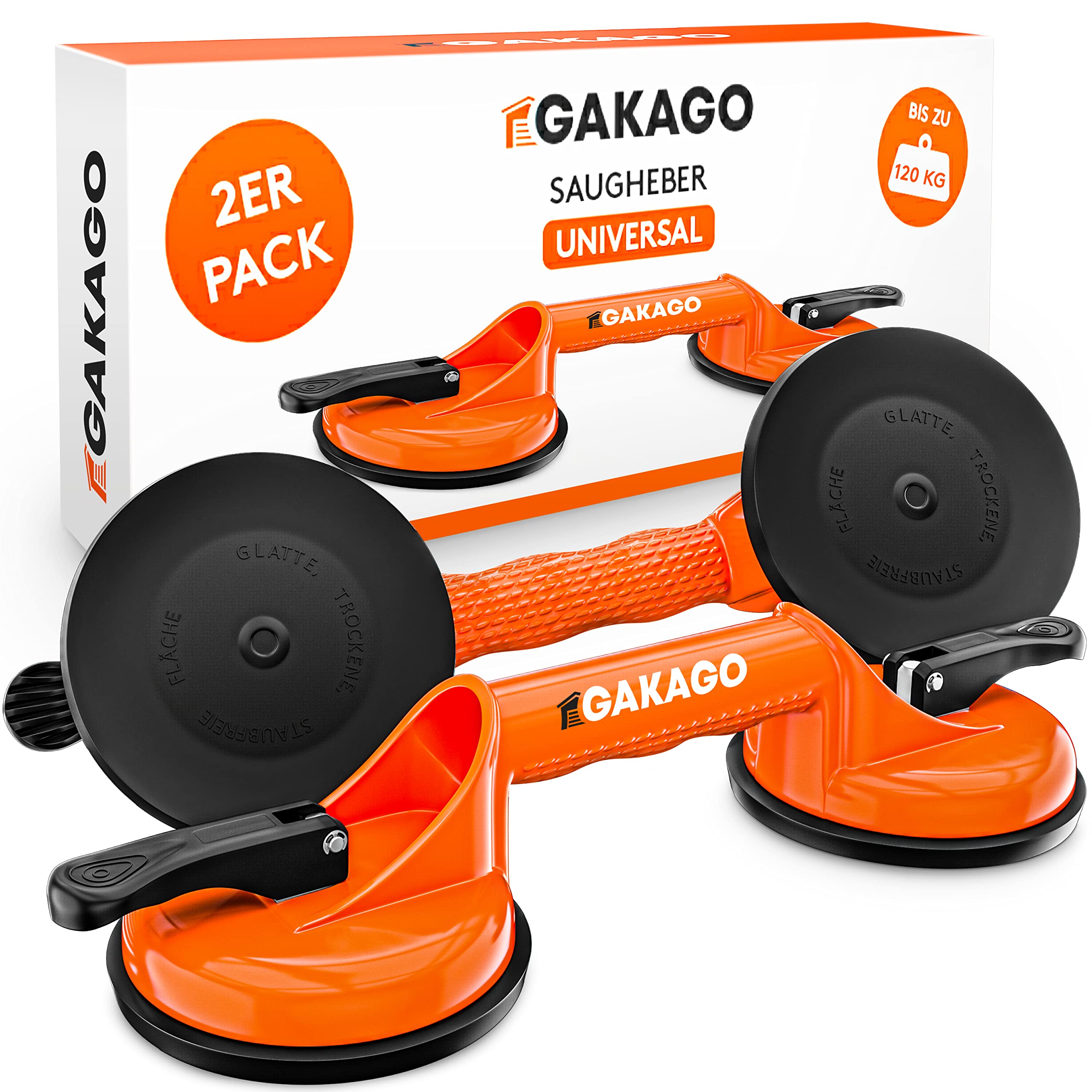 Gakago Saugheber (2er Pack) - Ergonomische & rutschfeste Sauggriffe - 120kg tragfähiger Vakuumheber für den Transport von Fliesen, Laminat, Scheiben und Glas als Glasheber, Glassauger, Glasträger