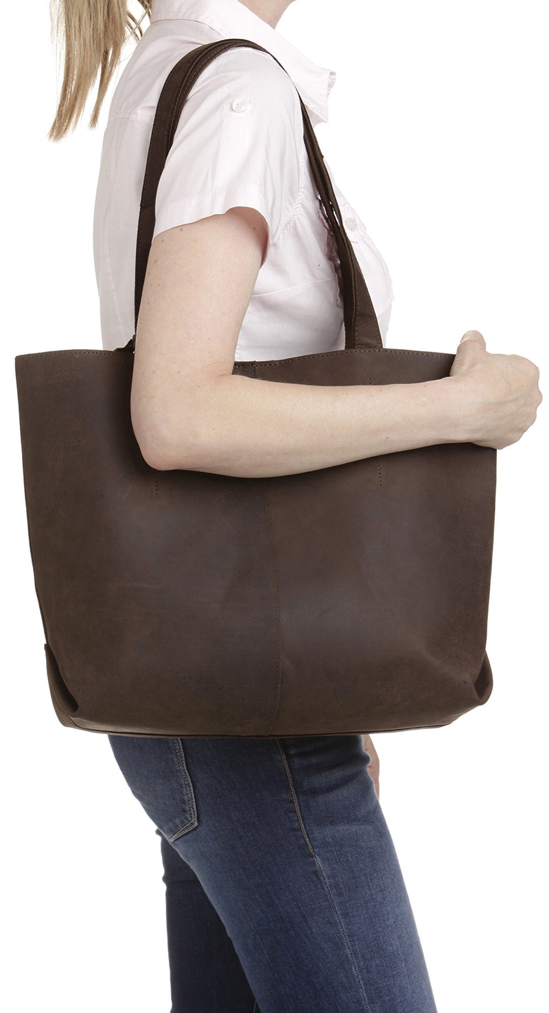 LEABAGS Leder Handtasche Damen I Premium Echtleder Shopper I Tote Bag I Damen Business Tasche I Tragetasche für Arbeit Uni Schule Freizeit oder Einkauf I Nature Dunkelbraun