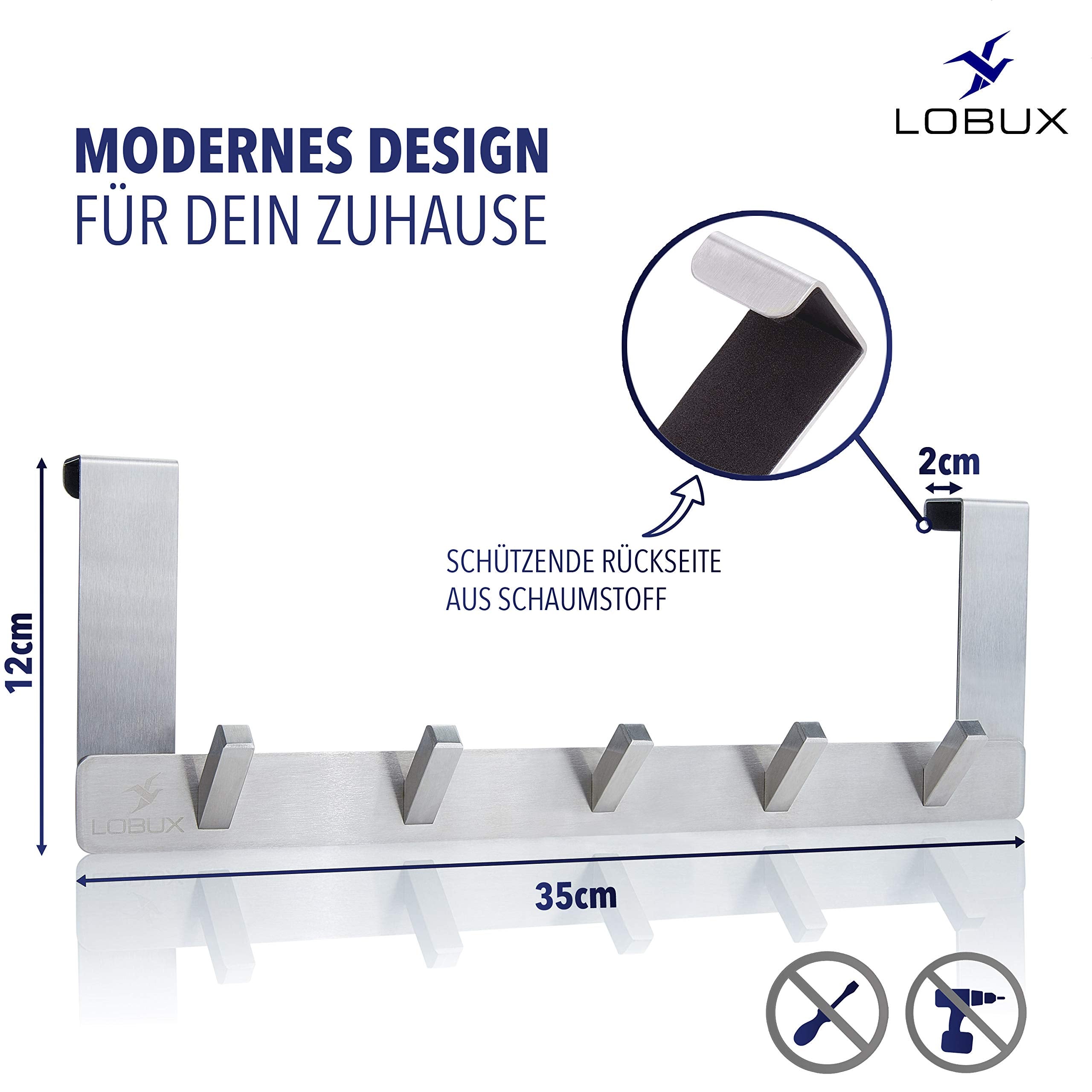 LOBUX® Premium Türgarderobe Edelstahl rostfrei - Türhakenleiste modernes Design - Kleiderhaken Tür ohne Bohren - Türhaken für Küche Flur Bad Wohnzimmer Schlafzimmer (Türfalzstärke bis 2cm)