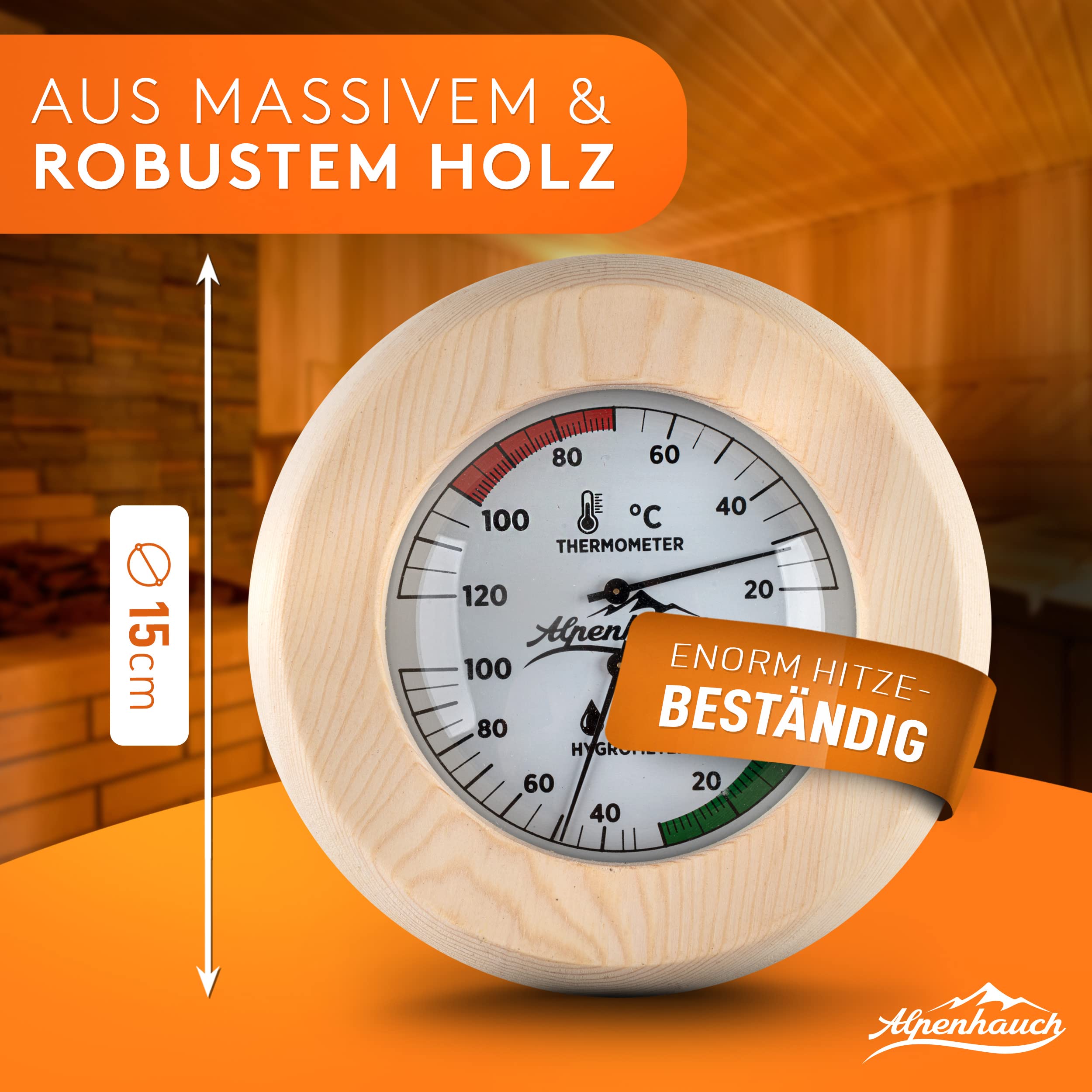 ALPENHAUCH Sauna Thermometer Hygrometer Holz [2in1 Funktion] - Besonders präzises Saunathermometer mit gehärtetem Glas - Automatische Kalibrierung - Edles Sauna Zubehör - Hygrometer Thermometer Sauna