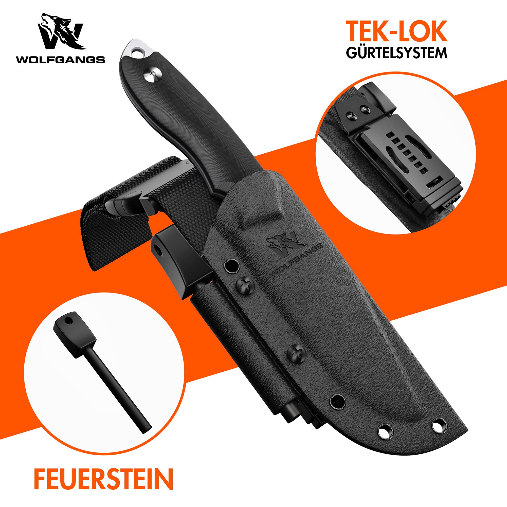 Wolfgangs Outdoor-Messer AMBULO mit Kydex Holster - Edles Jagdmesser aus einem Stück D2 Stahl gefertigt - DAS Bushcraft Messer - Survival Messer inklusive verbessertem Feuer-Starter (Schwarz)