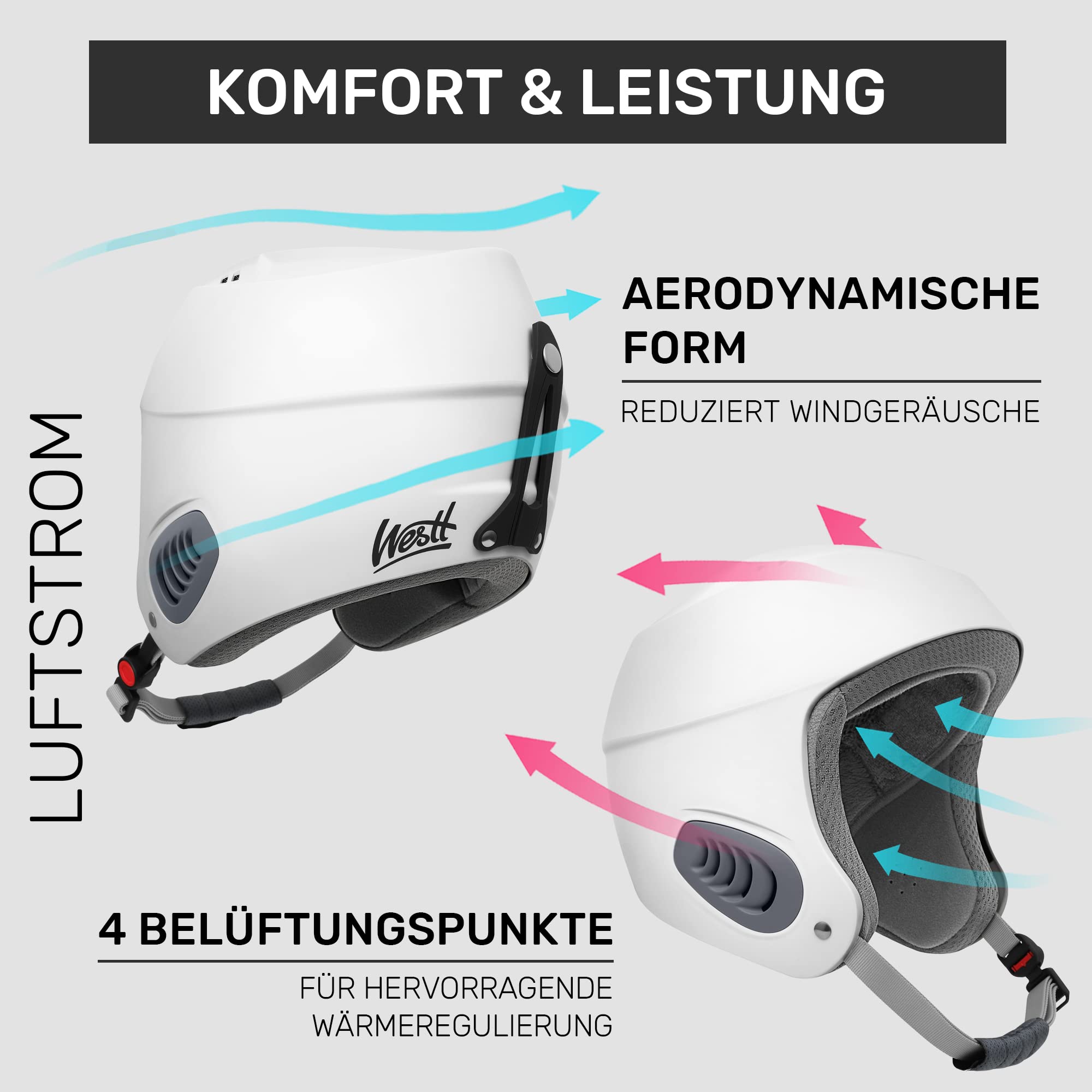 Westt Skihelm Herren Damen Snowboardhelm Freeride Skitouren Helm Schneesporthelm, leicht atmungsaktiv, weiß, 56-58 cm