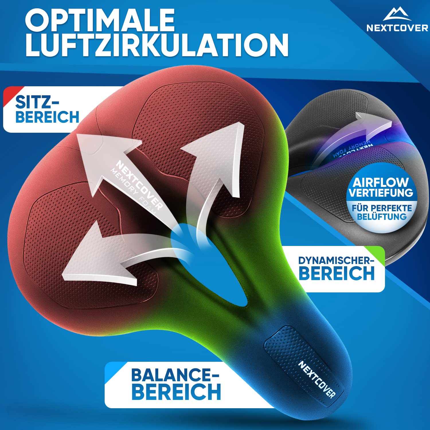 NEXTCOVER® Fahrradsattel Damen & Herren mit [Airflow] Vertiefung für maximalen Fahrkomfort I Ergonomischer Memory Foam Fahrrad Sattel mit optimaler Luftzirkulation (Fahrradsattel Pro)