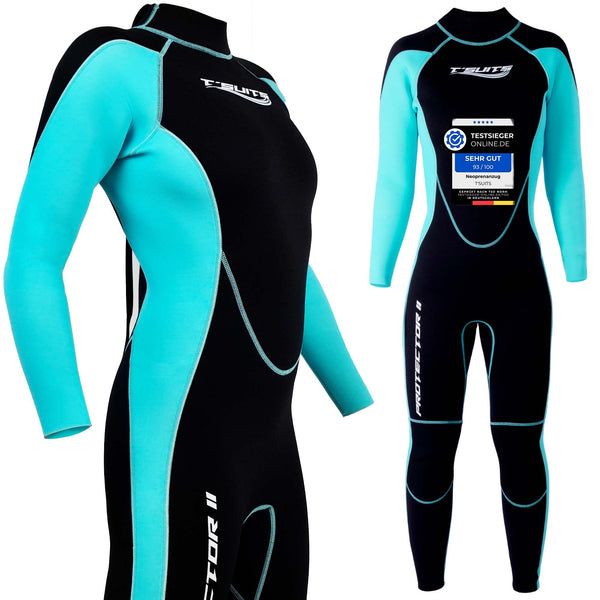 T´SUITS Neoprenanzug Damen [3mm, Lang, 4-Elements] | Tauchen, Schwimmen, Surfen, Kiten, Wasserski, Rafting - Jetzt Größe Wählen (S, Damen Schwarz/Aquamarine)