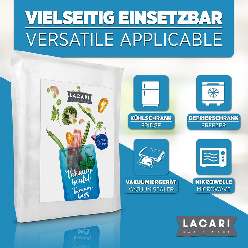 LACARI Vakuumbeutel 20x30 cm | 50 Folienbeutel für Lebensmittel | Vakuumierbeutel BPA-frei | Sous-Vide Garer | Reißfest & Kochfest | Beutel 90µm | Vakuumbeutel Lebensmittel | Jedes Vakuumiergerät