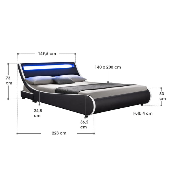 Juskys Polsterbett Valencia 140 x 200 cm mit Lattenrost, LED Beleuchtung, Kopfteil & Kunstleder - Bett Jugendbett Bettgestell Doppelbett - schwarz