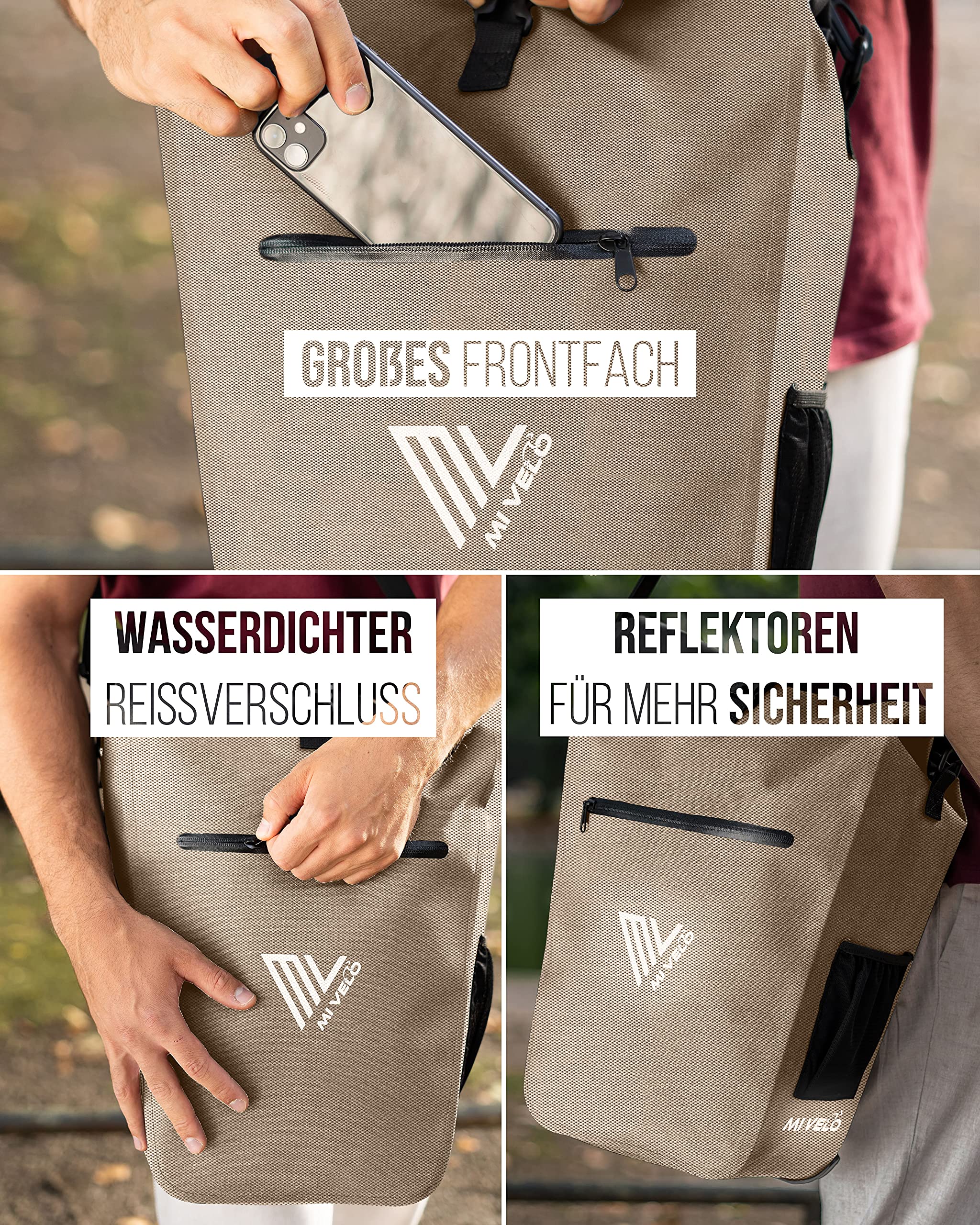 MIVELO 2in1 Fahrradtasche Gepäckträgertasche wasserdicht 100% PVC frei + Laptopfach – Fahrrad Tasche für Gepäckträger 1 STK Sand-beige