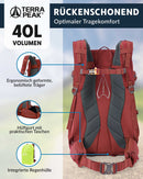 Terra Peak Wanderrucksack 40L Herren Damen Flex 40 rot - Outdoor Tages-rucksack zum wandern - Daypack leicht wasserdicht Sport-aktivitäten - ergonomischer Rucksack mit abnehmbarem Hüftgurt Erwachsene