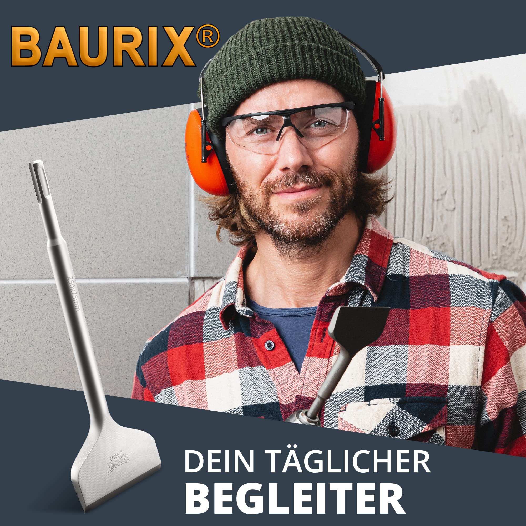 BAURIX® Fliesenmeißel SDS Plus Meißel [250x75 mm] I FRAKTOR®-System - Mühelos Fliesen entfernen I Abgewinkelter Flachmeißel breit für Fliesen und Fliesenkleber I 42CrMo-Spezialstahl