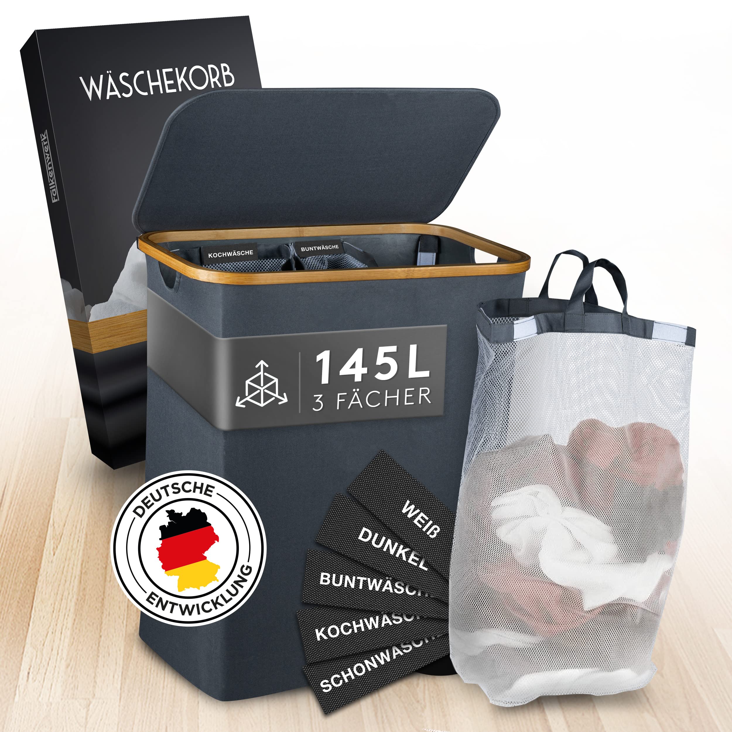 FALKENWERK Wäschekorb mit Deckel 145L - Wasserabweisender Wäschesammler 3 Fächer & herausnehmbaren Wäschesäcke - Faltbare Wäschebox mit Waschhinweisen - Wäschekorb 3 Fächer