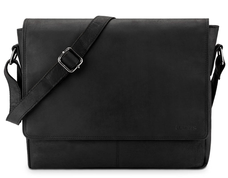 LEABAGS Leder Umhängetasche Herren & Damen I Echtleder Laptoptasche bis 14 Zoll I Messenger Bag mit Schultergurt I Schultertasche I Arbeitstasche I Tragetasche I Handtasche I Nature Schwarz