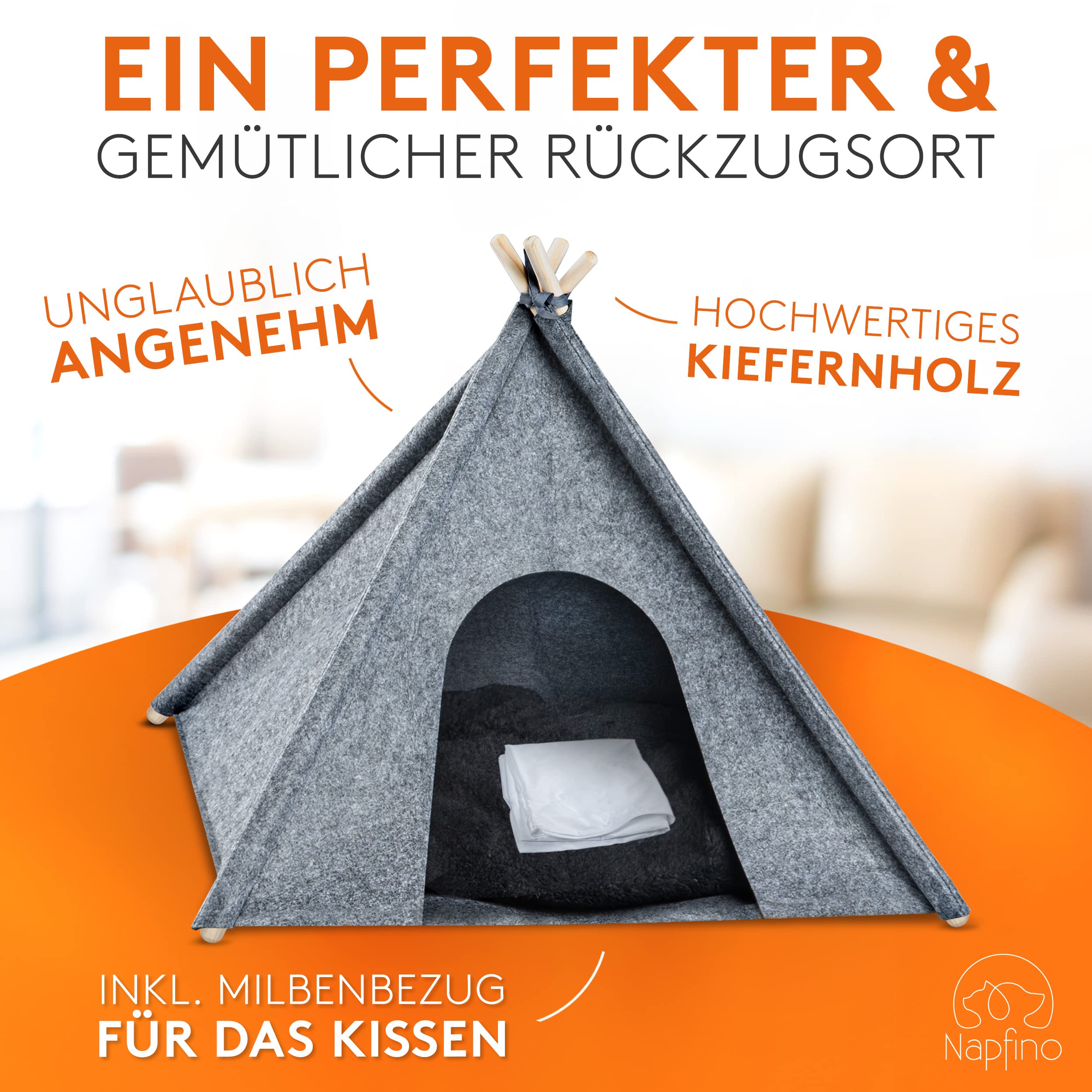 NAPFINO - Gemütliche Hundehöhle & Katzenhöhle - Angenehme Hundehütte Indoor aus Filz - Hundezelt mit weichem Kissen & Anti Milben Bezug - Für Balkon, Garten & Wohnzimmer - Inkl. Spielzeug (Größe S)