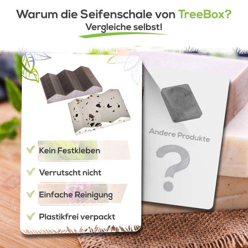 TreeBox Moderne Seifenschale aus edlem Terrazzo/Beton - Inkl. 4 Antirutschfüßen aus Silikon - Perfekt geeignet für Bad und Küche - Umweltfreundliche Seifenablage