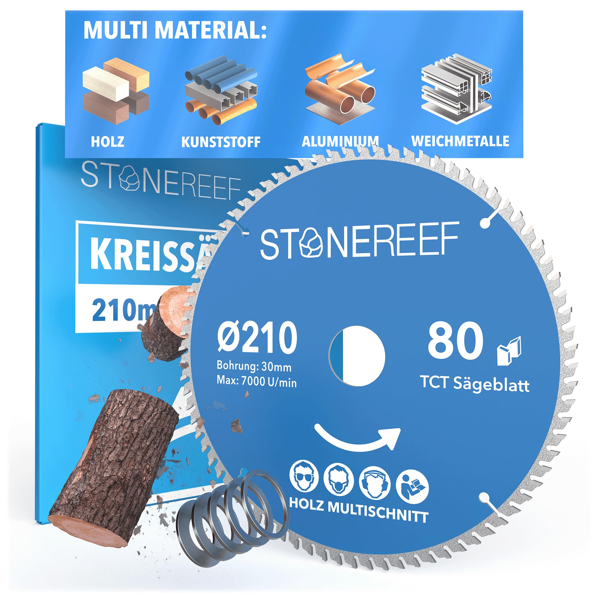 STONE REEF Sägeblatt 210x30 - Kreissägeblatt [Adapter auf Bohrung 16/20/22,23/25,4mm], kompatibel mit Tauchsäge & Kreissäge von Bosch, Makita usw.; Sägeblatt Kreissäge Nagelfest für Holz, Metall & Alu