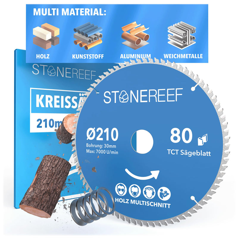 STONE REEF Sägeblatt 210x30 - Kreissägeblatt [Adapter auf Bohrung 16/20/22,23/25,4mm], kompatibel mit Tauchsäge & Kreissäge von Bosch, Makita usw.; Sägeblatt Kreissäge Nagelfest für Holz, Metall & Alu