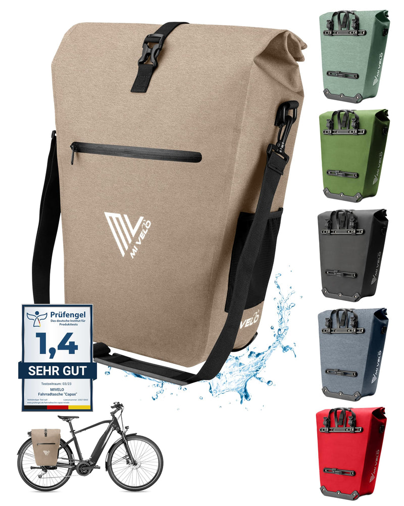 MIVELO 2in1 Fahrradtasche Gepäckträgertasche wasserdicht 100% PVC frei + Laptopfach – Fahrrad Tasche für Gepäckträger 1 STK Sand-beige