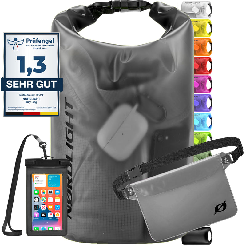 Nordlight wasserdichte Tasche 3er Set (Anthrazit) - Dry Bag 5l + wasserdichte Handyhülle + wasserdichte Hüfttasche | IPX8 Schutz | Mit Verstellbaren Gurten Für Strand, Stand Up Paddling