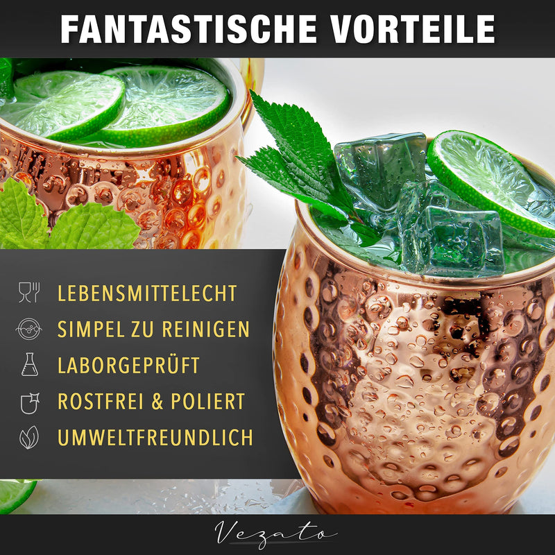 Vezato Moscow-Mule-Becher [500ml] – Gehämmerte Kupferbecher mit Strohhalmen – Handgemachtes Moscow-Mule-Set [4 Stück] – Rostfreie Kupfer Becher für Moscow Mule